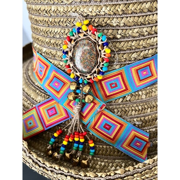 ERIC JAVITS Straw Sun Hat Boho Beaded Bucket Cloche USA Women’s Resort Rainbow - Picture 4 of 10